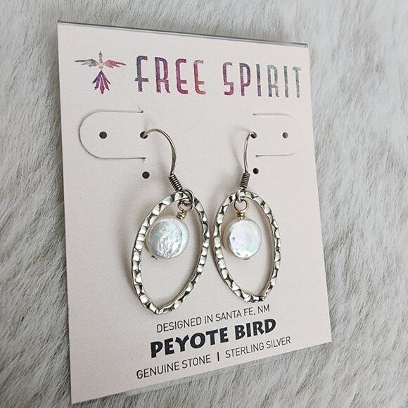 Peyote Bird Sterling Silver Hoop White Pearl Drop Hook Earrings NEW - Picture 2 of 8